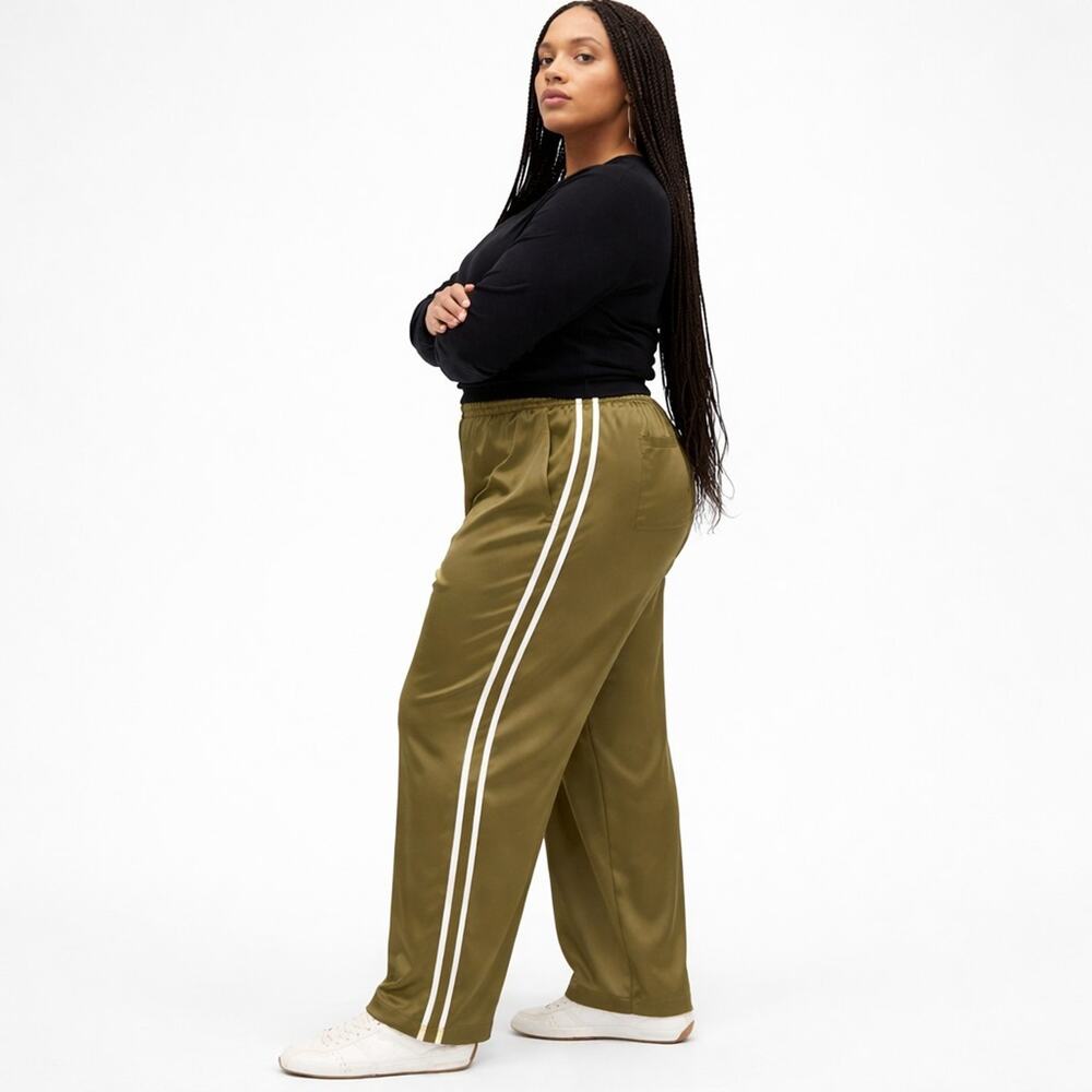 GAP Wide Leg Track Pants Satin Olive Green Side Stripe XXL NWT